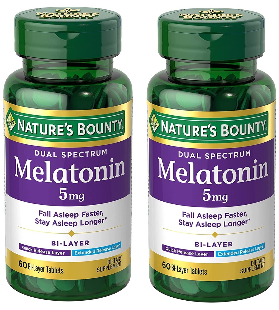 Nature's Bounty Melatoniini 5mg Dual Spectrum, 100% Drug Free Sleep Supplement, Quick Release ja laajennettu julkaisu, edistää rentoutumista ja uniterveys, 60 Bi-Layer tabletit (paketti 2)