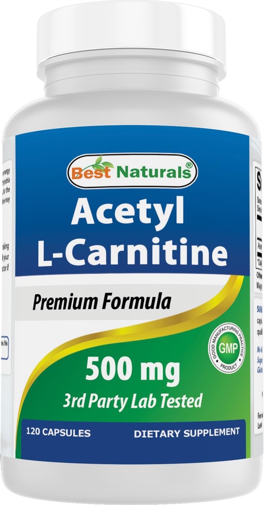 Best Naturals Acetyl L-karnitiini (ALCAR) 500mg, 120 kapselia, 120 tarjoilua - ei-muuntogeeniset organismit ja gluteeniton, 1 kapseli per tarjoilu