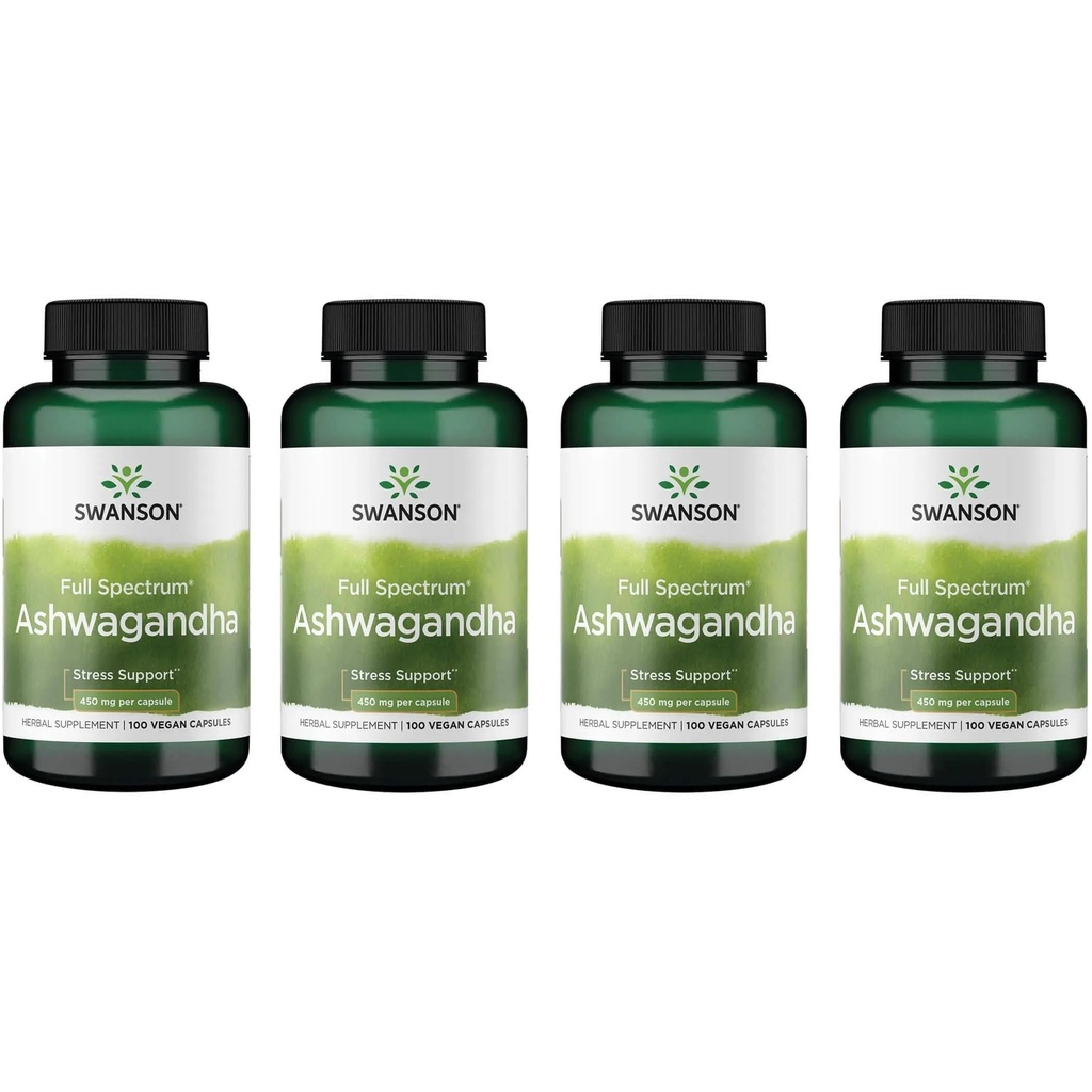 Swanson Ashwagandha Powder Supplement - Ashwagandha Root edistää stressin lievittämistä ja energiaa - Ayurvedic Supplement for Natural Wellness (100 kapselia, 450 mg Each) 4 pakkaus
