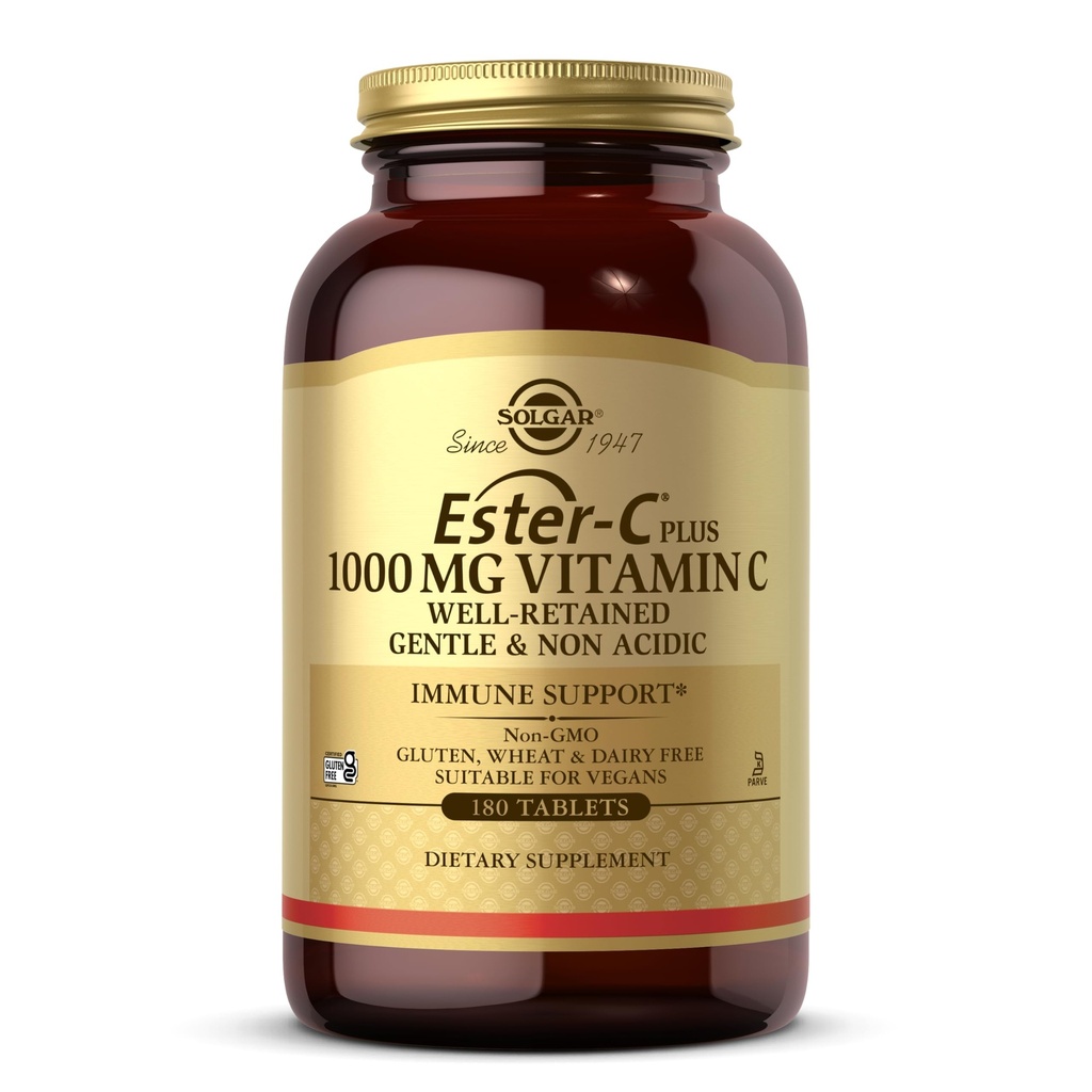 Solgar Ester-C Plus 1000 mg C-vitamiini (Asorbaattikompleksi) - 180 tablettia - hellävarainen ja ei-happoinen - tukee ylähengitysteiden terveyttä - ei-GMO, Gluteeniton - 180 tarjoilua