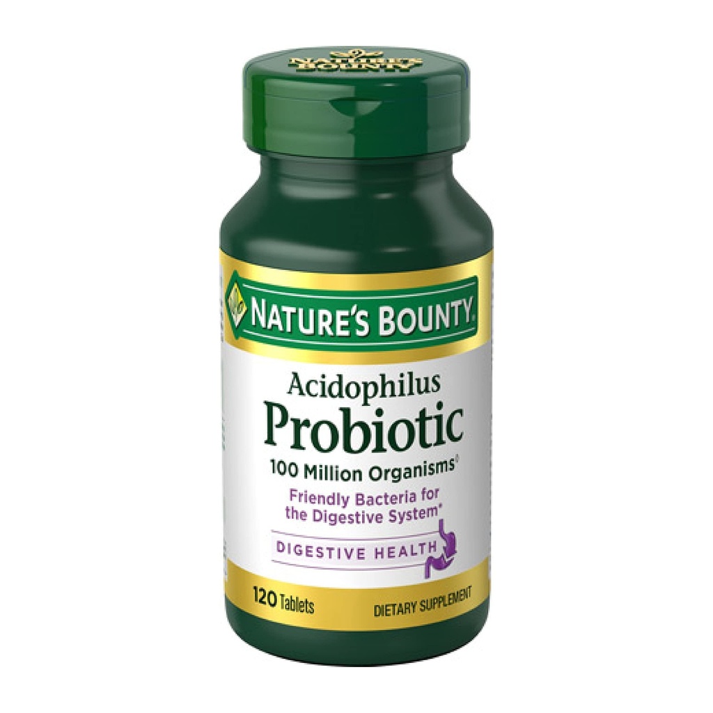 Nature's Bounty Lactobacillus Acidophilus Probiotic Supplement - Daily Probiotic for Women/Men digestive Health, 100 miljoonaa organismia, kasvissyöjä, 1 Tarjoilu päivässä, 120 tablettia