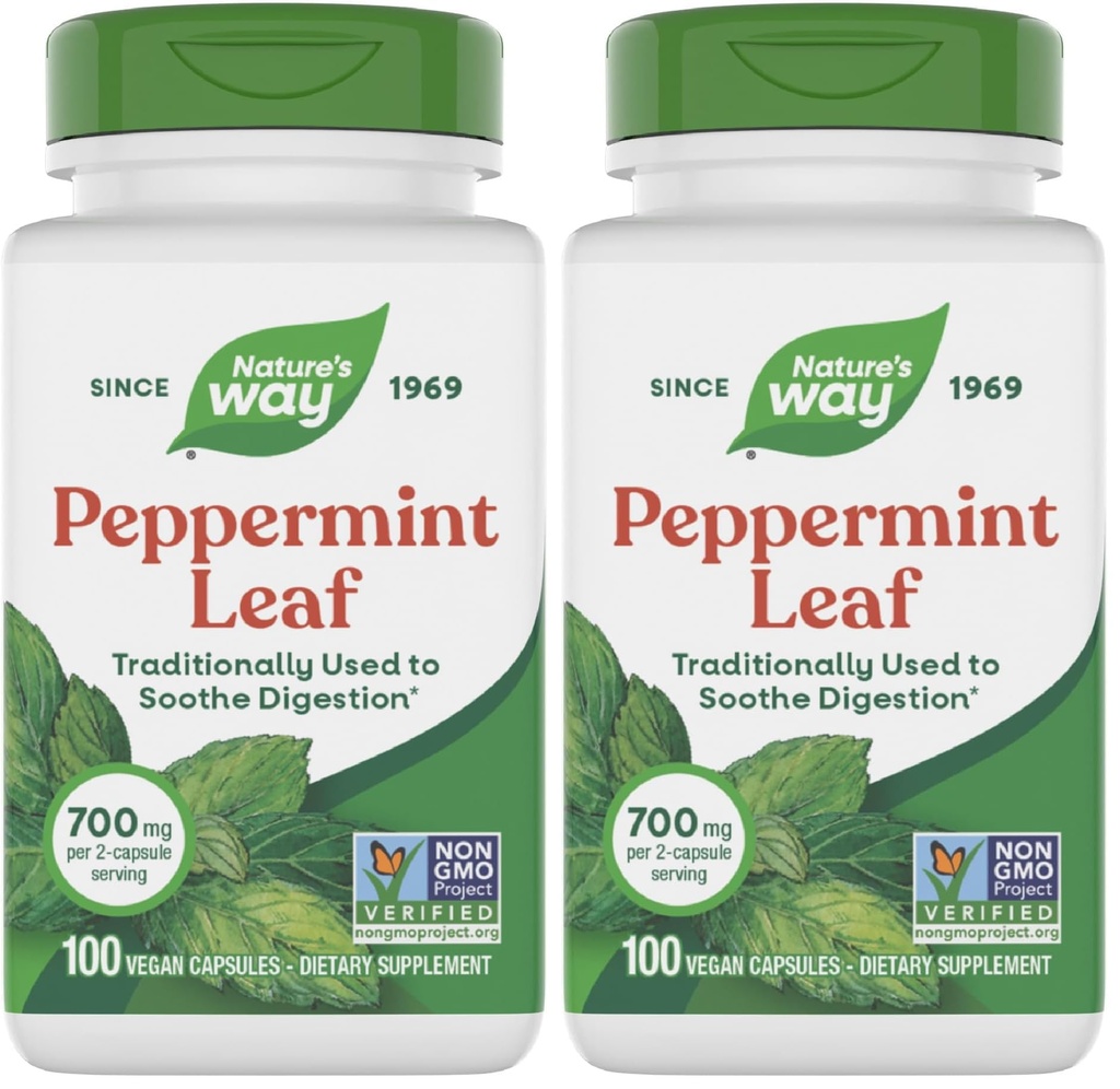 Nature's Way Premium Herbal Peppermint Leaf, Perinteinen digestiivinen rauhoittava ja epämukava tuki*, 700mg per Serving, 100 kapselia (Pack of 2)