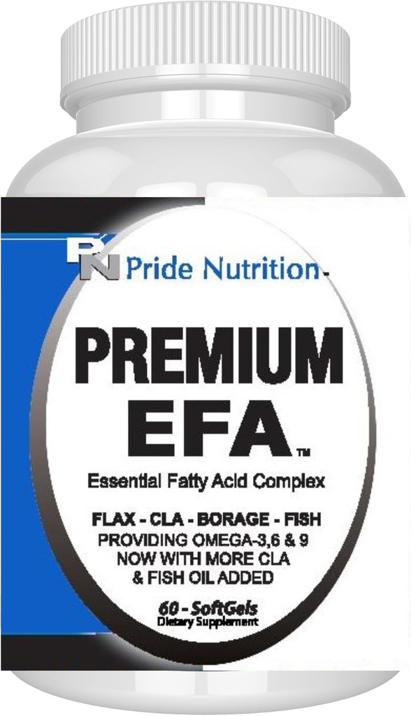 Pride Nutrition Premium EFA Omega 3-6-9 Supplement for Miehet ja naiset 5 in 1 - EPA, DHA, GLA, ALA & CLA Essential rasvahapot kalaöljy - Softgel pillerit