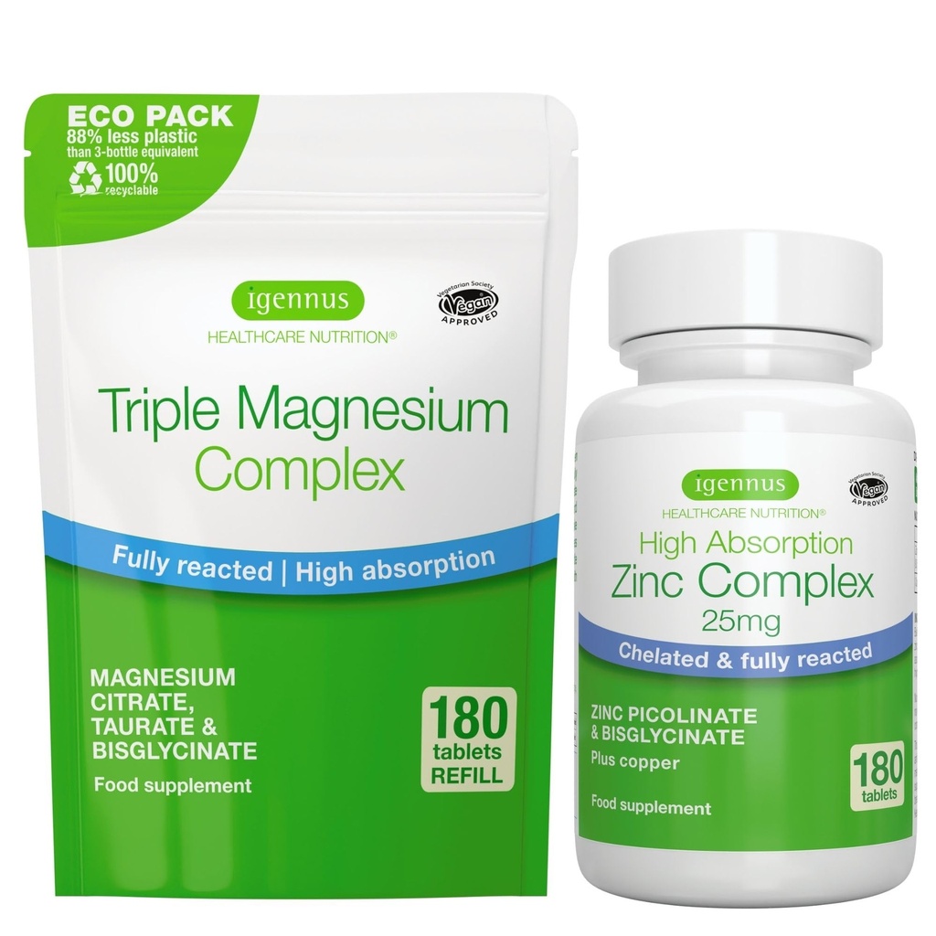 Triple Magnesium Complex 180 tablettia + Sinkki Complex Vegan Bundle, korkea imeytyminen Kelatoitu magnesium + 25 mg kelatedsinkkipikolinaatti & bisglysinaatti kuparilla, Igennus