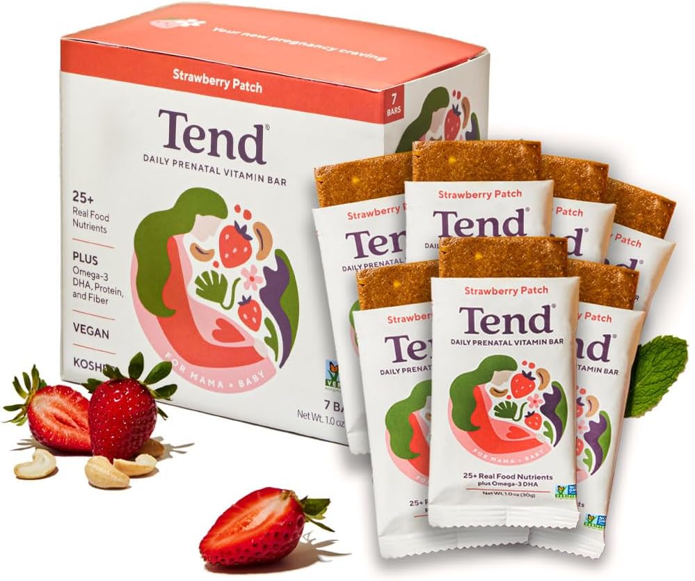 Tend Daily Best Prenatal Vitamin Bar, tillverkad med organiska ingredienser för gravida och postpartum mammor, inkluderar DHA, vitamin D, B, Choline, Folate, Sunflower Lecithin - Strawberry Patch (7ct)