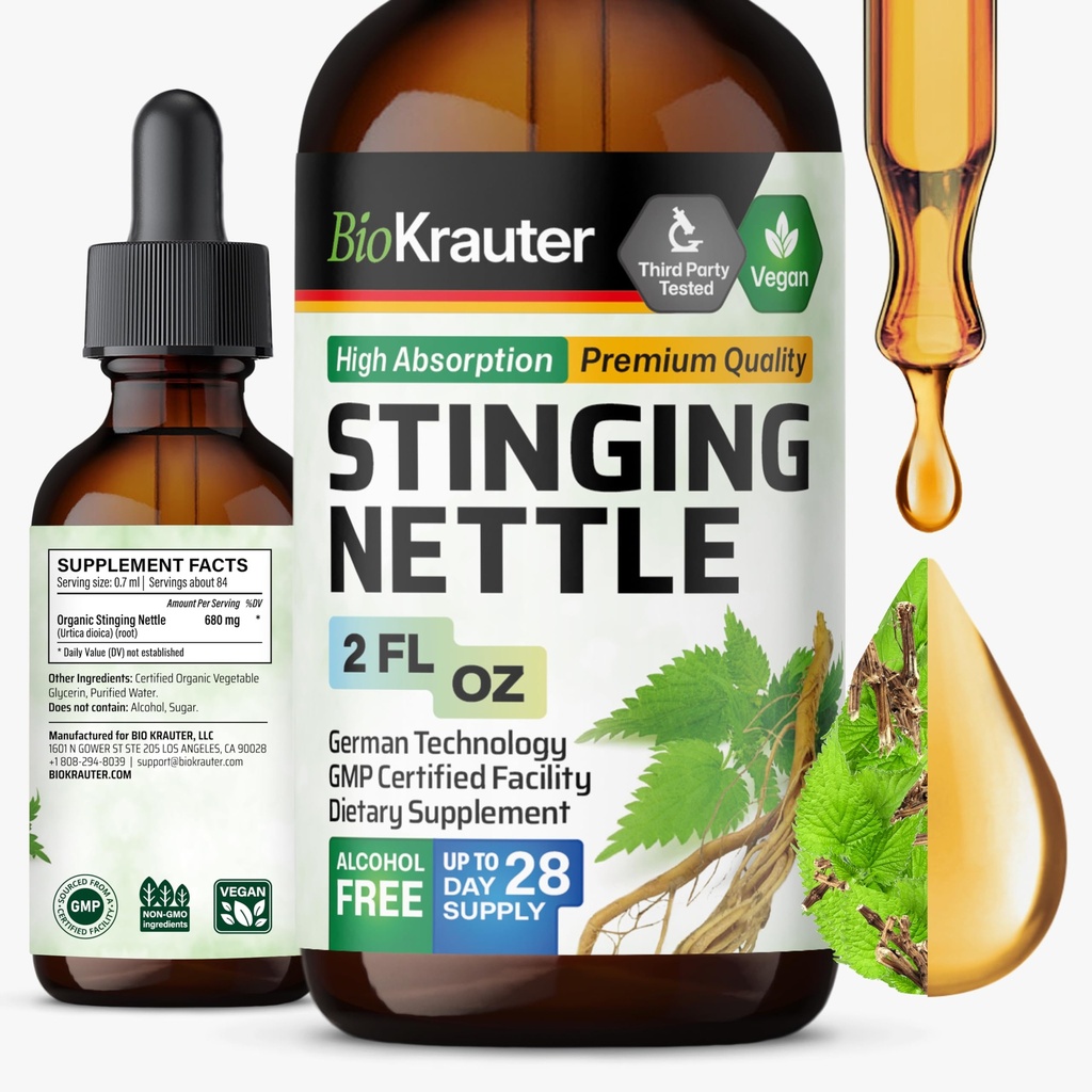 BIO KRAUTER Sting Nokkonen Tincture - Nokkonen juuriuute Liquid - Virtsan tuki täydentää - Urtica Dioica Natural Extract - Vegan, sokeri & alkoholiton tippa 2 Fl.Oz.
