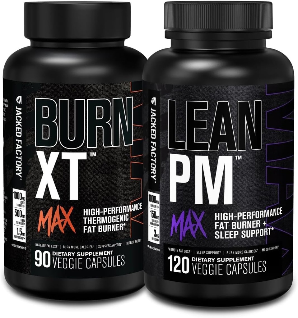 Jacked Factory Burn- XT Max - Thermogenic Fat Burner & Ruokahalua Suppressant (90 kapselia) & Lean PM Max High Performance Weight Loss, Fat Burner, & Ruokahalua Suppressant (120 kapselia)