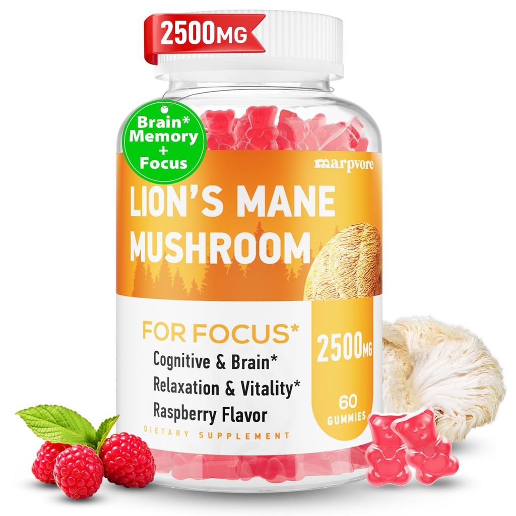Lions Mane Gummies, Organic Lion's Mane, Lions Mane Gummies för vuxna, med Ashwagandha & Alpha GPC, Cortisol Supplements for Women & Men, 60 Counts