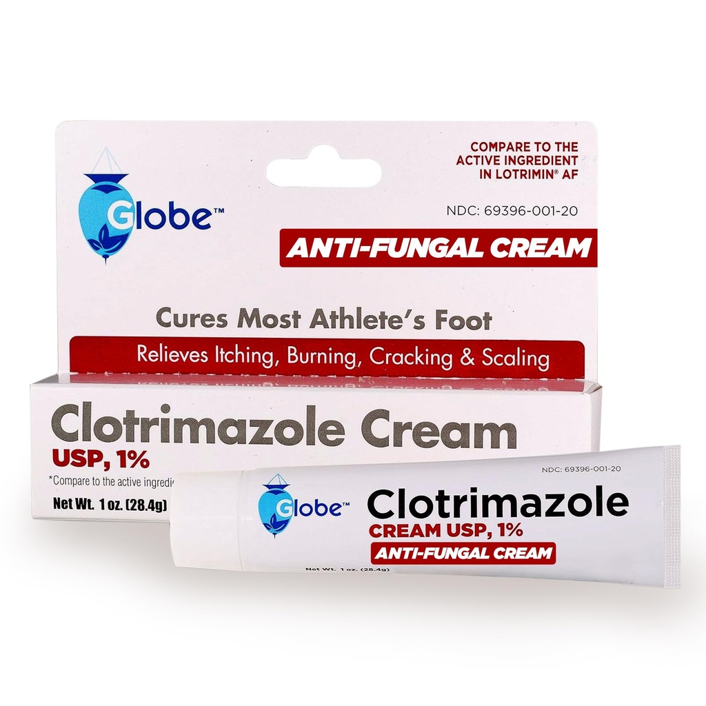 Globe Clotrimazole Antifungal Cream 1% USP (1 oz), Anti Fungal Behandling, lindrar klåda, brinnande, sprickning och skalning associerade idrottare fot, Jock Itch, Ringworm och mer