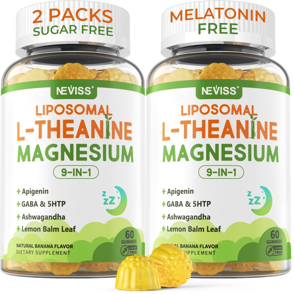 Liposomal L- Theanine 200 mg Magnesium Glycinate 400 mg Gummies with GABA, 5HTP, Apigeniini, B6-vitamiini ja D3, Ashwagandha, Lemon Balm Leaf, Melatoniini vapaa uni puristaa Relax Mood & Lihas, 2 pakkausta