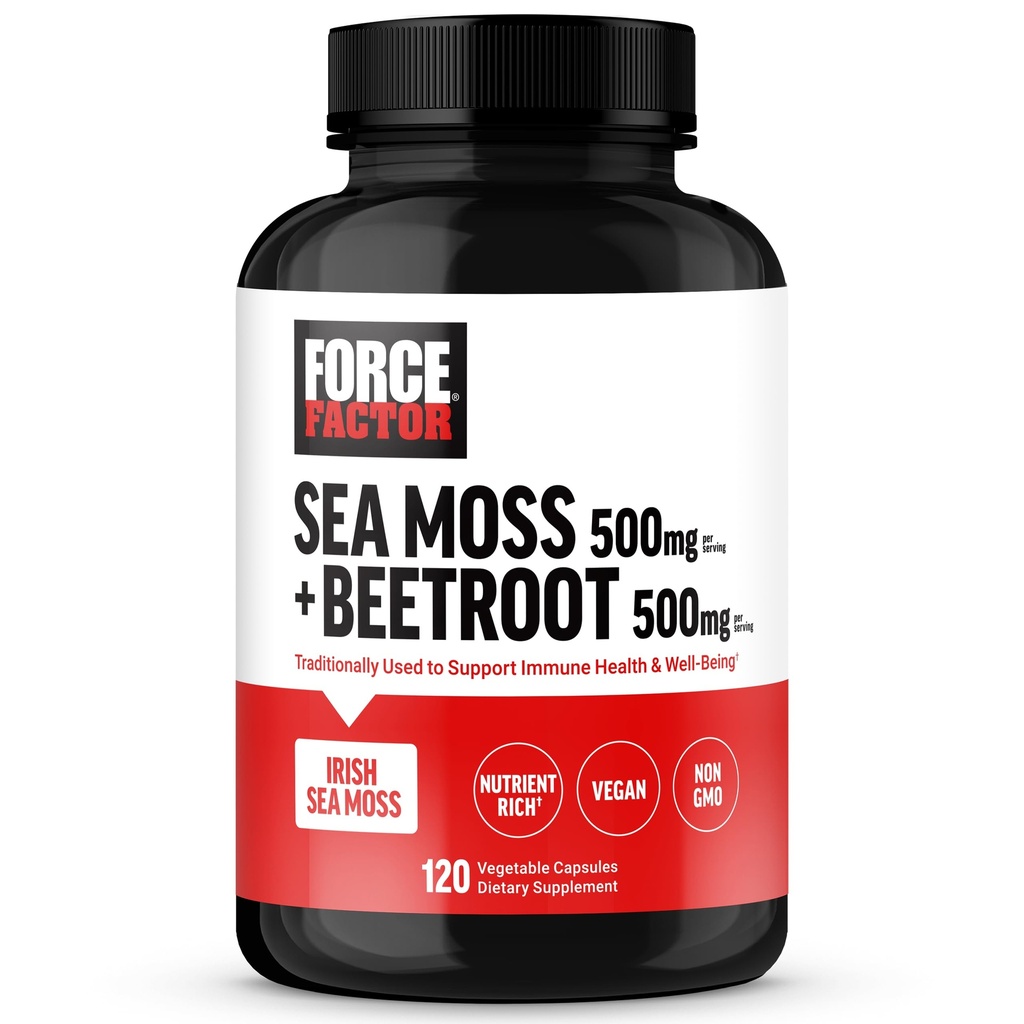 FORCE FACTOR Irish Sea Moss + Beet-juuri täydentää tukemaan immuniteettia, verenkiertoa, luonnon energiaa, Heart Health, antioksidantit, ei-GMO, Vegan-ystävällinen, soija-vapaa, 120 kasviskapselit