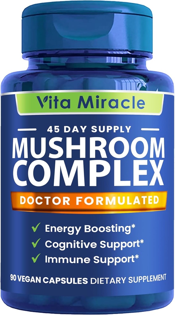 Mushroom Supplement Capsules - 10x Mushroom Complex med Lions Mane Cordyceps Shiitake Reishi Mushrooms Supplements - Alla naturliga växtbaserade vitaminer extrakt piller för fokus energi och hjärn 90 kapslar