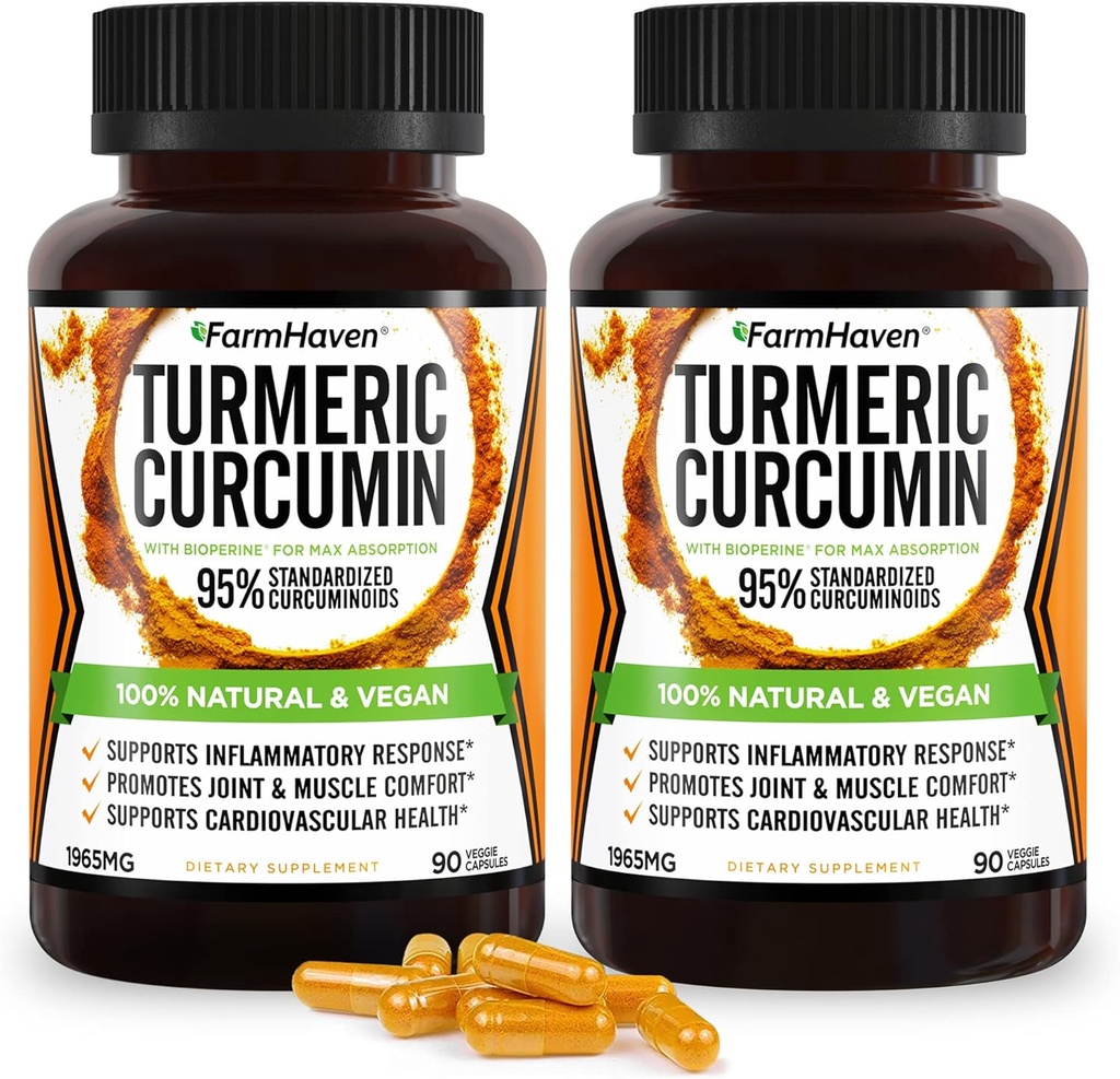 Gurkmeja Curcumin med BioPerine Black Pepper & 95% Curcuminoids, Maximal Absorption för gemensamt stöd, icke-GMO Turmeric Capsules, Made in USA - 180 Veg Caps