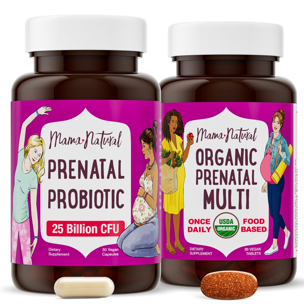 Mama Natural Prenatal Bundle - Organiska prenatala vitaminer för kvinnor + riktade probiotika för graviditet och postpartum Wellness - Bara 2 piller per dag - Vegan & icke-GMO (30 dagars leverans)