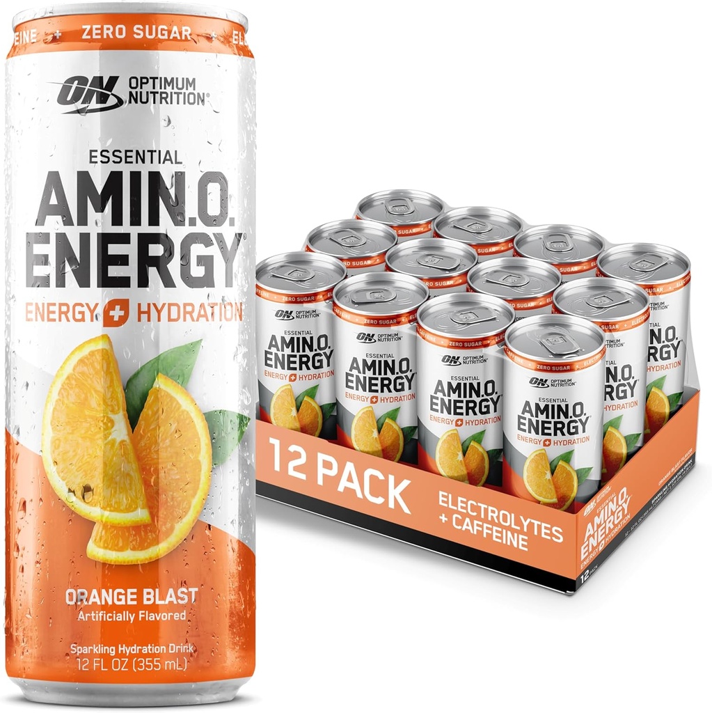 Optimum Nutrition Amino Energy Sparkling Hydration Drink, Electrolytes, kofeiini, aminohapot, BCAAs, Sokeriton, Orange Blast, 12 Fl Oz, 12 Pack (Pakkaus toukokuussa vary)