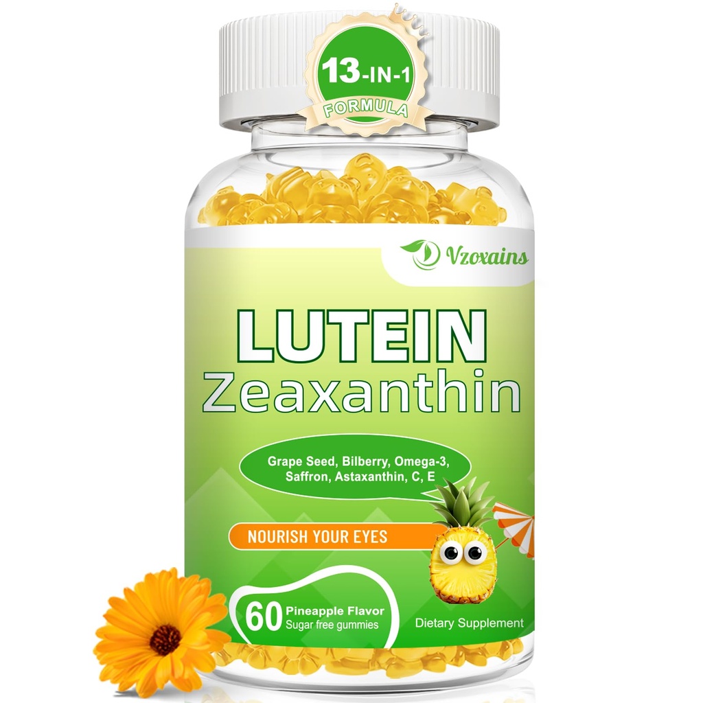 Lutein 20 mg, jossa on zeaksantiinigummit, luteiini ja zeaksantiinilisät silmävitamiinilla C, E, Mustikka silmäterveyteen - 60Ct