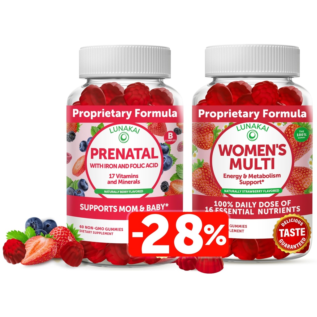 Lunakai Prenatal Vitamin och Women's Multivitamin Gummies Bundle - Graviditet Multivitamin Gummy med järn och folsyra - med 100% dagligt värde av 16 väsentliga vitaminer och mineraler - 30 dagars leverans