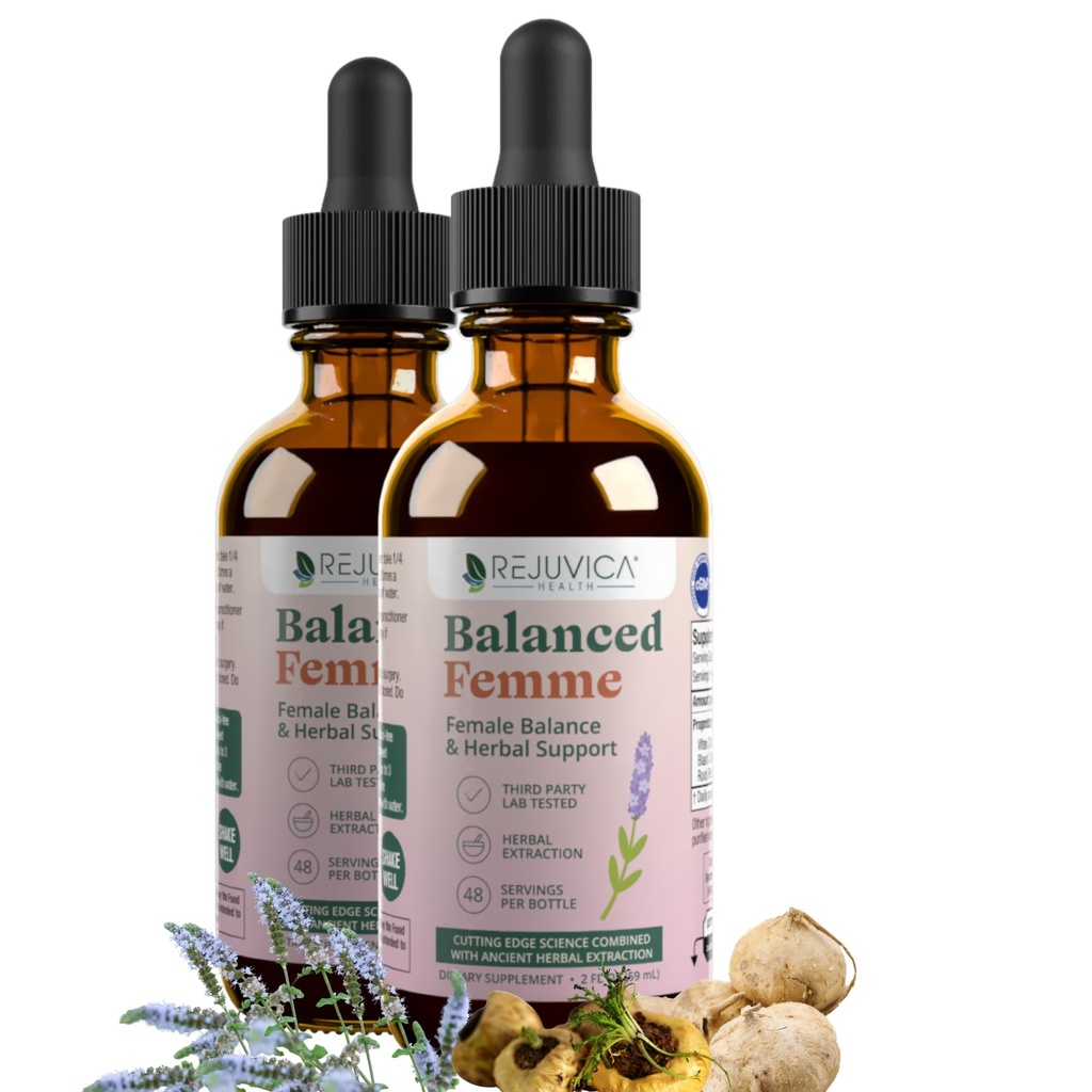 Rejuvica Health Balanced Femme - Vaihdevuodet Tuki Hot Flashs & Female Balance - Nestemäinen Toimitus parempaan imeytymiseen - Black Cohosh, Dong Quai, Vitex, Maca Root & More!