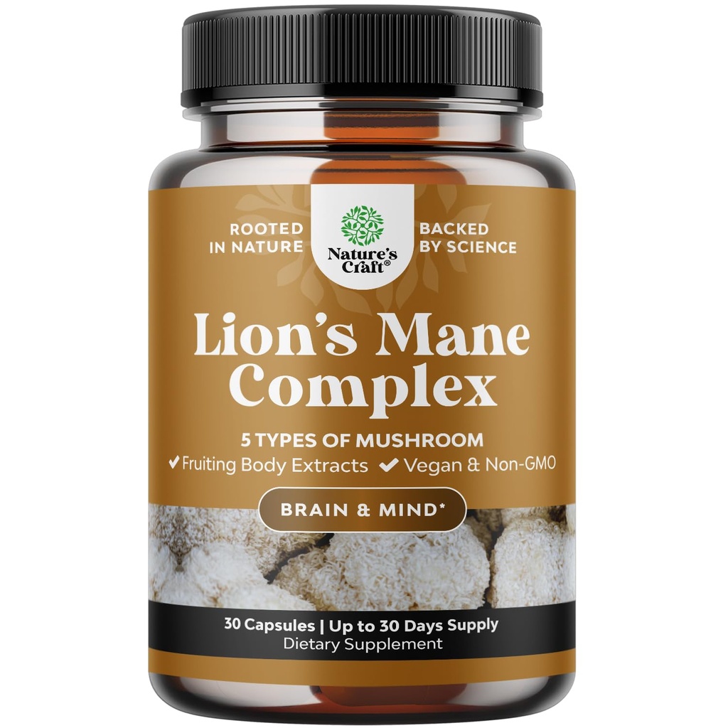 Avancerad Lion's Mane Mushroom Supplement - Lions Mane Supplement Capsules med Reishi, Chaga, Maitake & Shiitake för hjärnhälso Memory Support & Focus - Nootropic för Mental Clarity - 30 Caps
