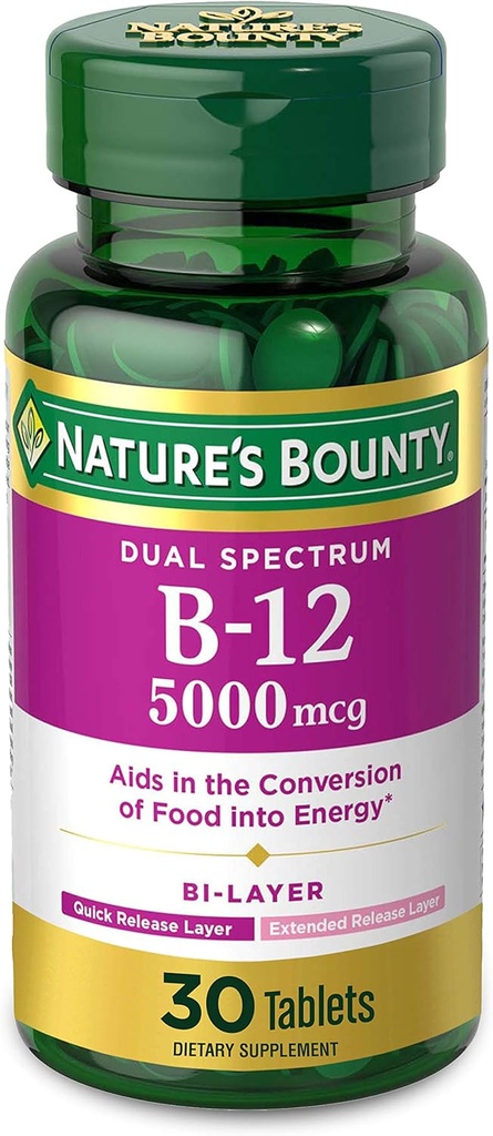 B12-vitamiinia Nature's Bounty, Dual Layer Dietary Supplement, nopea julkaisu ja laajennettu julkaisu, tukee energian aineenvaihduntaa ja hermoston terveyttä, 5000 mcg, 30 tablettia