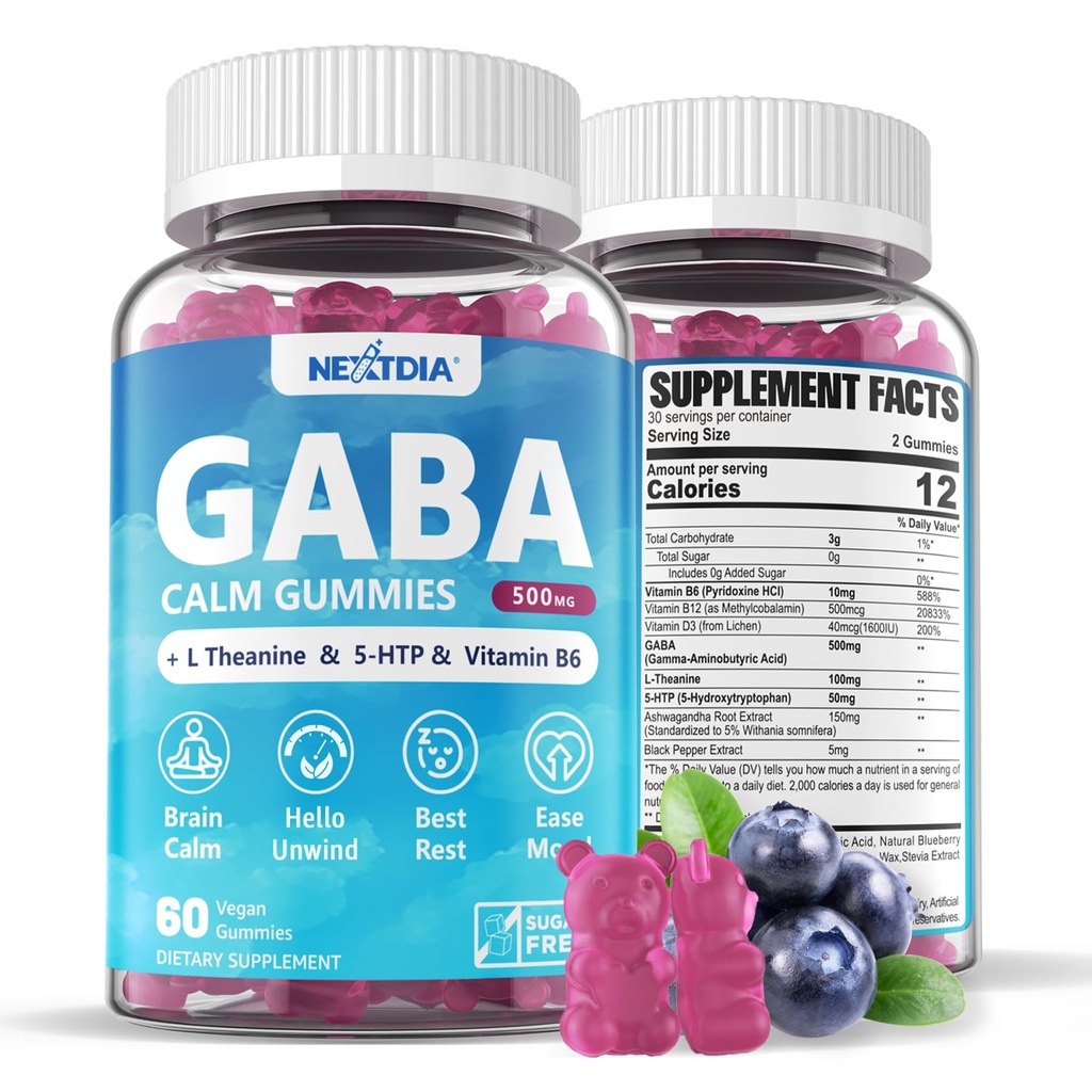 GABA Gummies 500 mg - Sokeriton rauhallinen Gummies kanssa L Theanine, 5-HTP, vitamiinit D3, B12, Ashwagandha, Melatoniinivapaa aivot rauhallinen, Mieliala, Zzz Parempi, GABA täydentää aikuisille, Mustikka maku, 1Pack