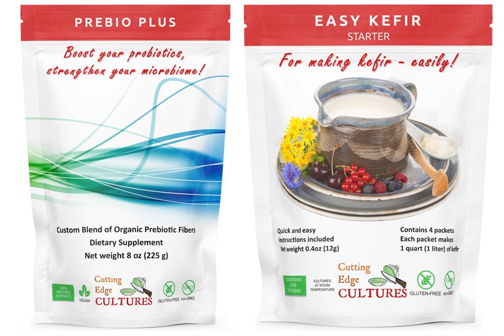 Cutting Edge Cultures Prebio Plus + Kefirh Starter Kulttuuri Prebioottikuitujauhe Paras Custom Blend of Organic Prebiotic Fibers Ravintolisä (1 Prebio Plus + 1 Kefirh 20g)