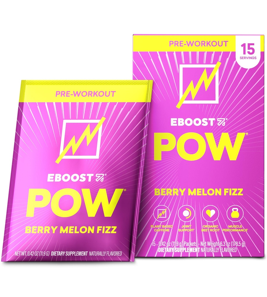 EBOOST POW Natural Pre Treenout Powder - 15 Packets, Berry Melon Fizz - Preworkout Energy Booster Gym täydentää Drink Mix miesten ja naisten - Suorituskyky, yhteinen liikkuvuus tuki - Gluteeniton
