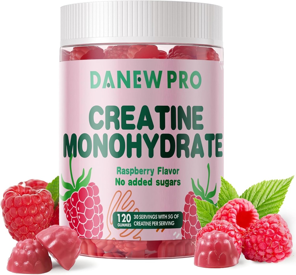 Kreatiini Monohydraatti Gummies miesten ja naisten 5g Creatiini Monohydraatti per tarjoilu - Sokeriton, Vegaani, Vadelma maku, 120