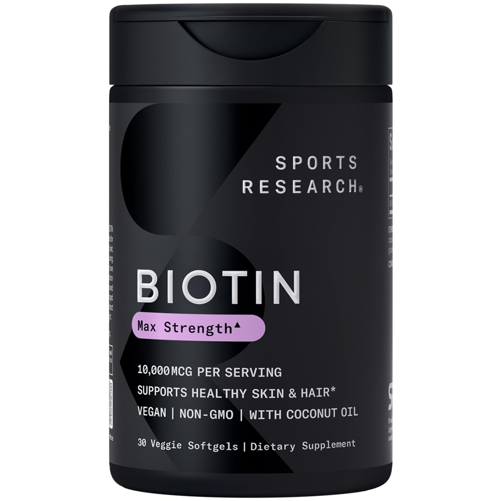 Sports Research® Biotin 10 000 mcg luomukookosöljyllä - Biotin (Vitamin B7) terveeseen ihoon ja hiustenhoitoon* - naisille ja miehille - Vegaani, GMO:ton, gluteeniton ja soijaton - 30 Kasvis Softgels