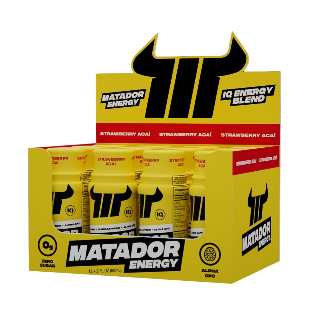 MATADOR Energia laukausta Extra vahvuus Mini energiajuomat w/B Complex vitamiineja (Vitamin B12-B9-B6-B3), Alpha GPC Nootropic IQ Energia, kahvipapuuute Kofeiini shotteja, 24 energiajuoma mansikka Acai