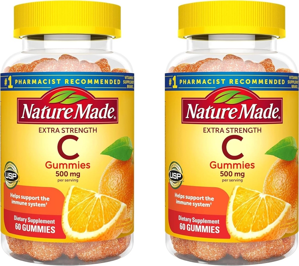 Nature Made Extra Strength Dosage Vitamin C 500 mg per Servering, Kosttillskott för immunstöd, 60 Gummies, 30 Day Supply (Pack of 2)