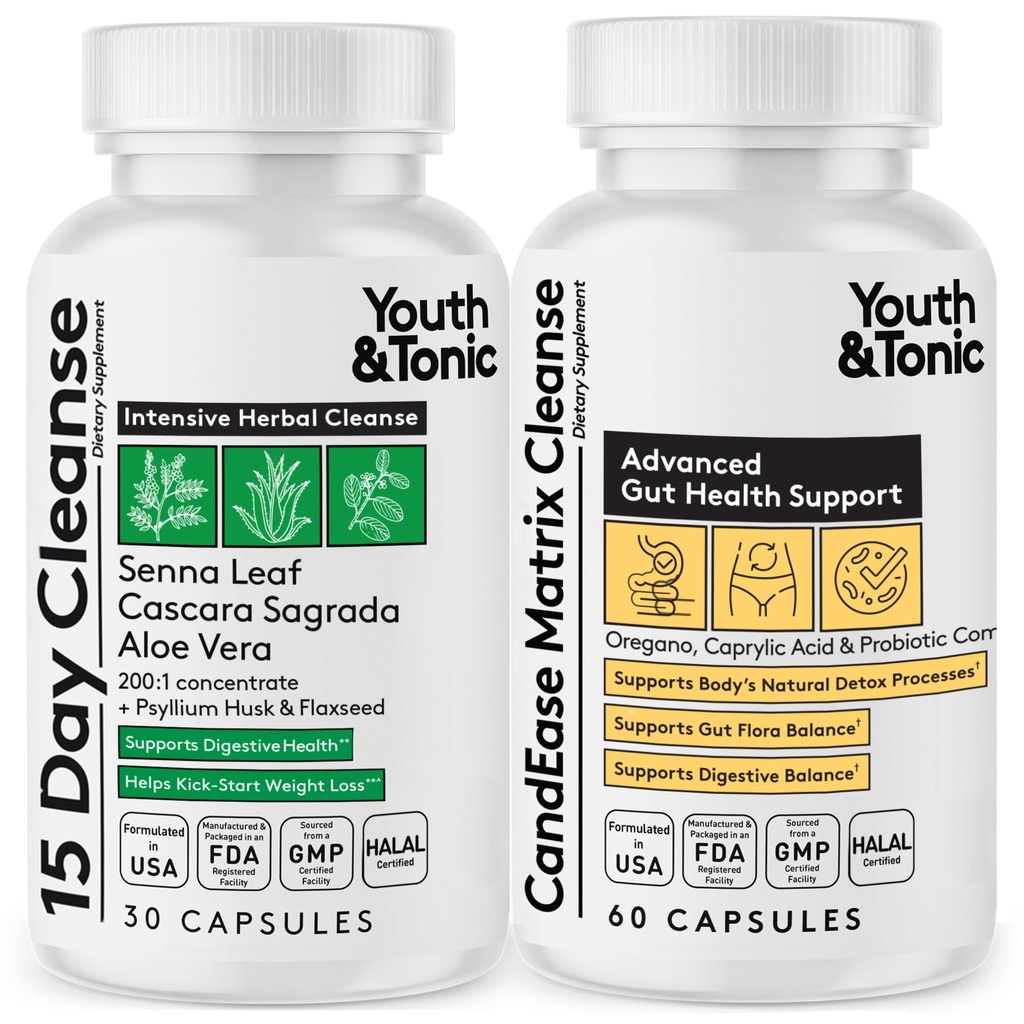 Youth & Tonic Colon Cleanse ja CandEase Matrix Pillerit . Tuki Body Detox Gut Health & intestinal Flora palauttaa normaalin happamuuden