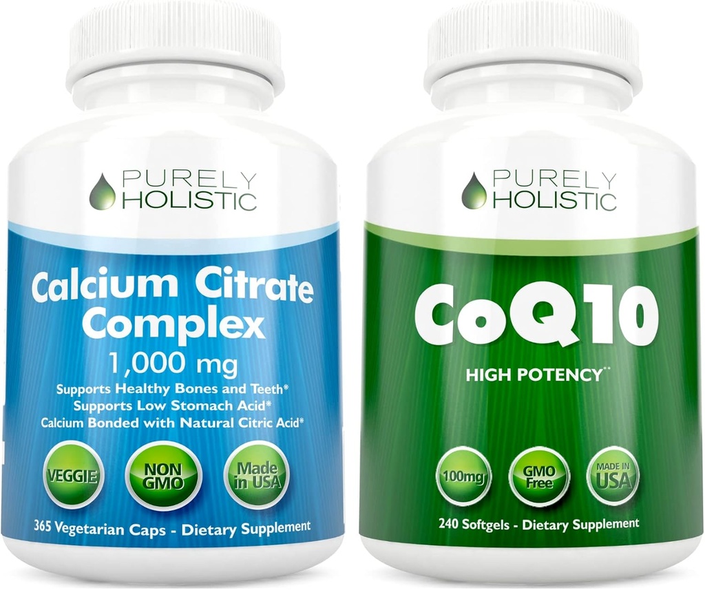 Kalsiumsilikaattikompleksi 1000 mg + CoQ10 100mg - 365 Vegaanikapselia + 240 Softgels Bundle - ilman D-vitamiinia - valmistettu Yhdysvalloissa