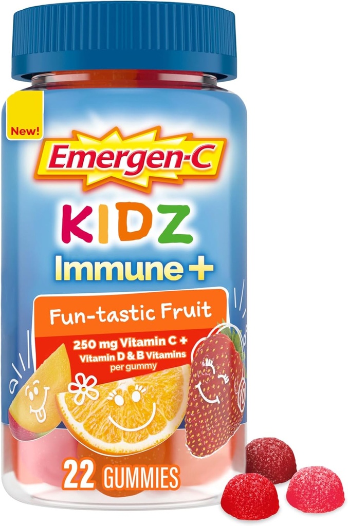 Emergen- C Kidz Immuuni+ Immuunituki Ruokavalion lisäravinteet, Maustetut Gummies kanssa C-vitamiinia, B-vitamiinia ja D-vitamiinia immuunitukea, Fun-Tastic Fruit Flavored Gummies - 22 Count