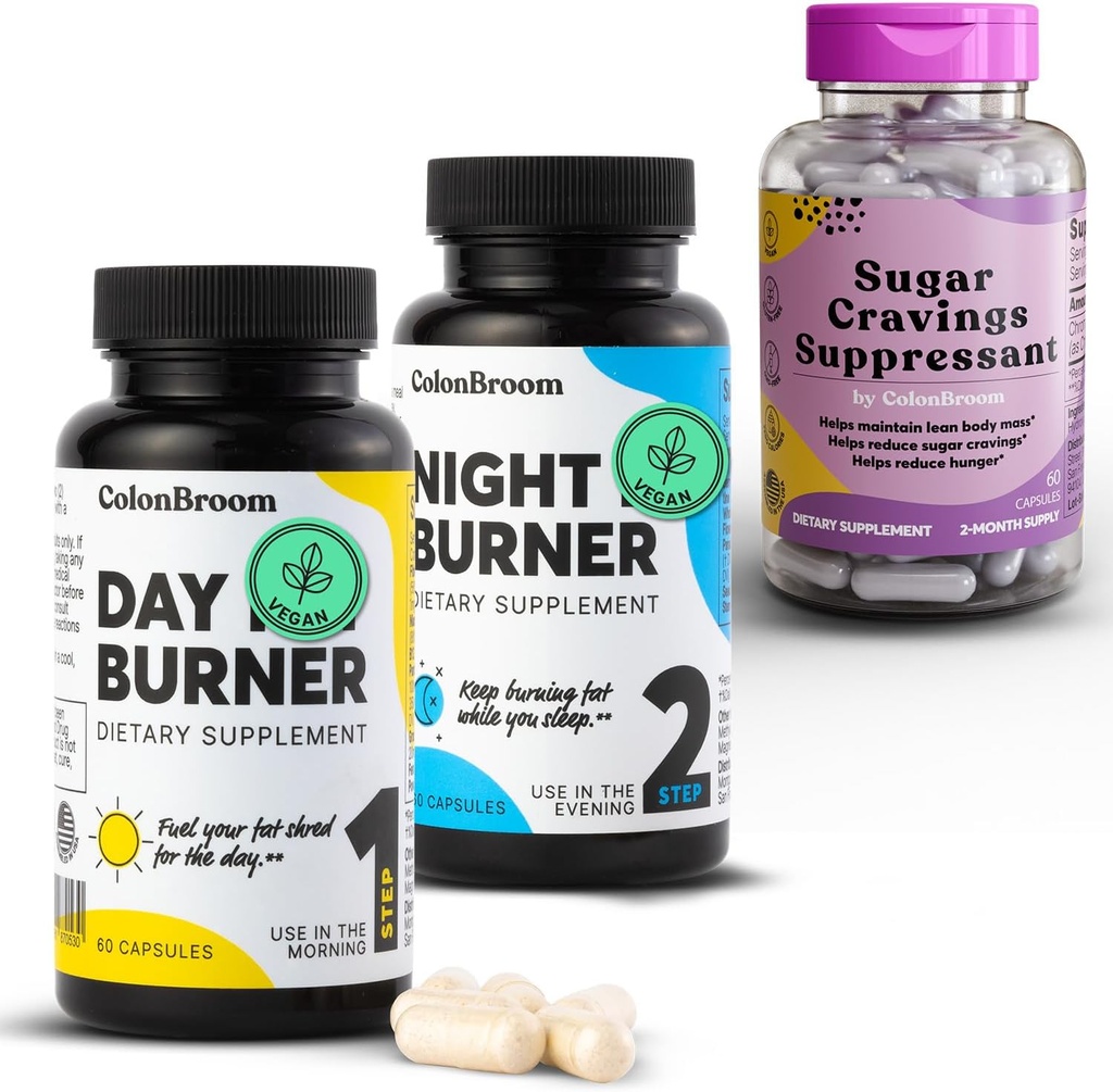 ColonBroom Day & Night Burner Supplements, Weight Management Pills (60 portioner) + Sugar Craving Suppressant - Chromium Picolinate 200mcg (60 portioner), 3 objekt