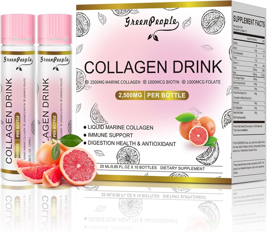 GREENPEOPLE Liquid Collagen for Women & Men, 2500mg Fish Collagen Peptides + Hyaluronic Acid + B-vitamiini & C, Hiusten ihokynnet nivelet Tuki (0,85 fl oz, 10 pulloa, Greippi)