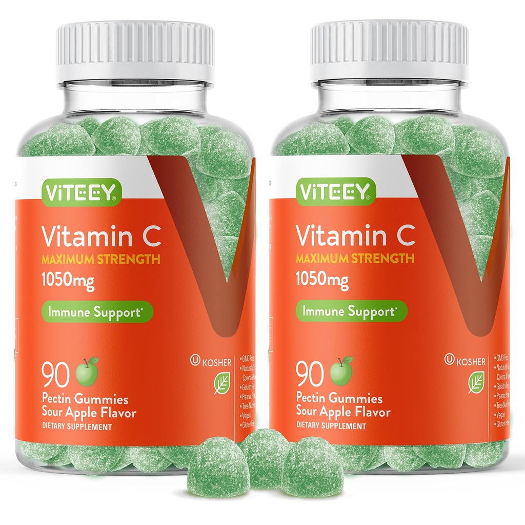 Viteey Pureskeltava C-vitamiini Gummies aikuisille - 1050 mg Maximum Strength Immune Support Supplement - Vegan, Gluteeniton - 180