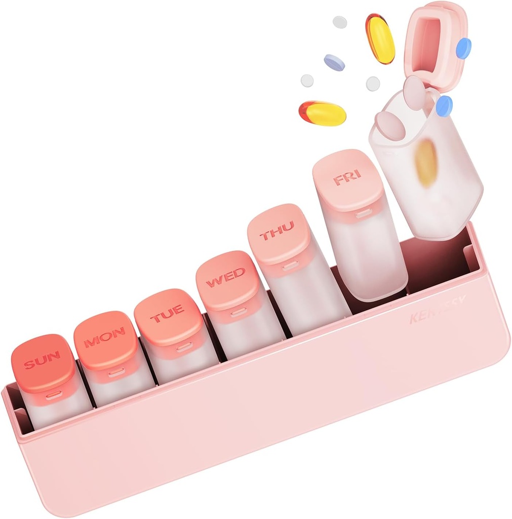 Weekly Pill Organizer 1 gång om dagen - Travel Pill Box 7 Days, Large Medicine Pill Case Container för daglig medicin Vitamin Supplement Fish Oil, Portable Week Pills Organizers Holder Dispenser, Pink