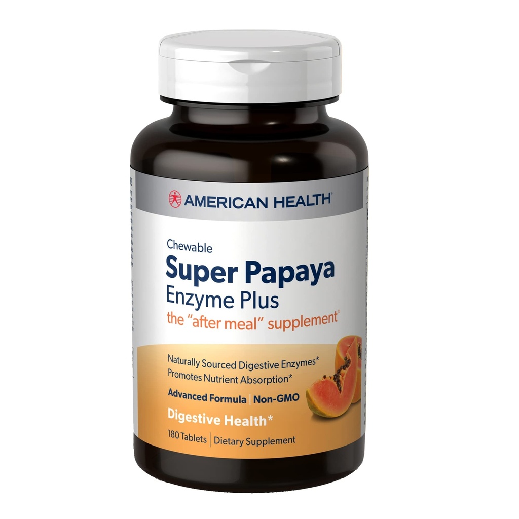 American Health Super Papaya Enzyme Plus - 180 tuggbara tabletter - After-Meal Supplement - Icke-GMO - 60 portioner