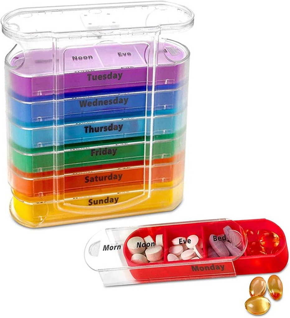 ABSOK Weekly Stackable Pill Organizer,4 Times A Day Pill Organizer Box Aamu, keskipäivä, ilta, ja Bedtime,7 pinottavat Osastot