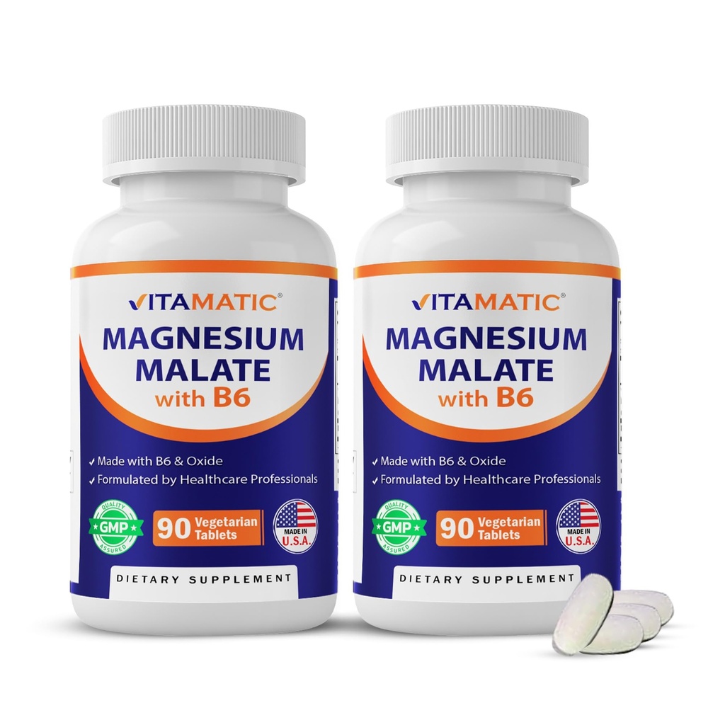 Vitamatic Magnesium Malate 2000mg per servering - 90 vegetariska tabletter - Tillsatt B6 för maximal absorption - Stöder muskel, gemensam och hjärthälsa * (2 flaskor, osmakad)