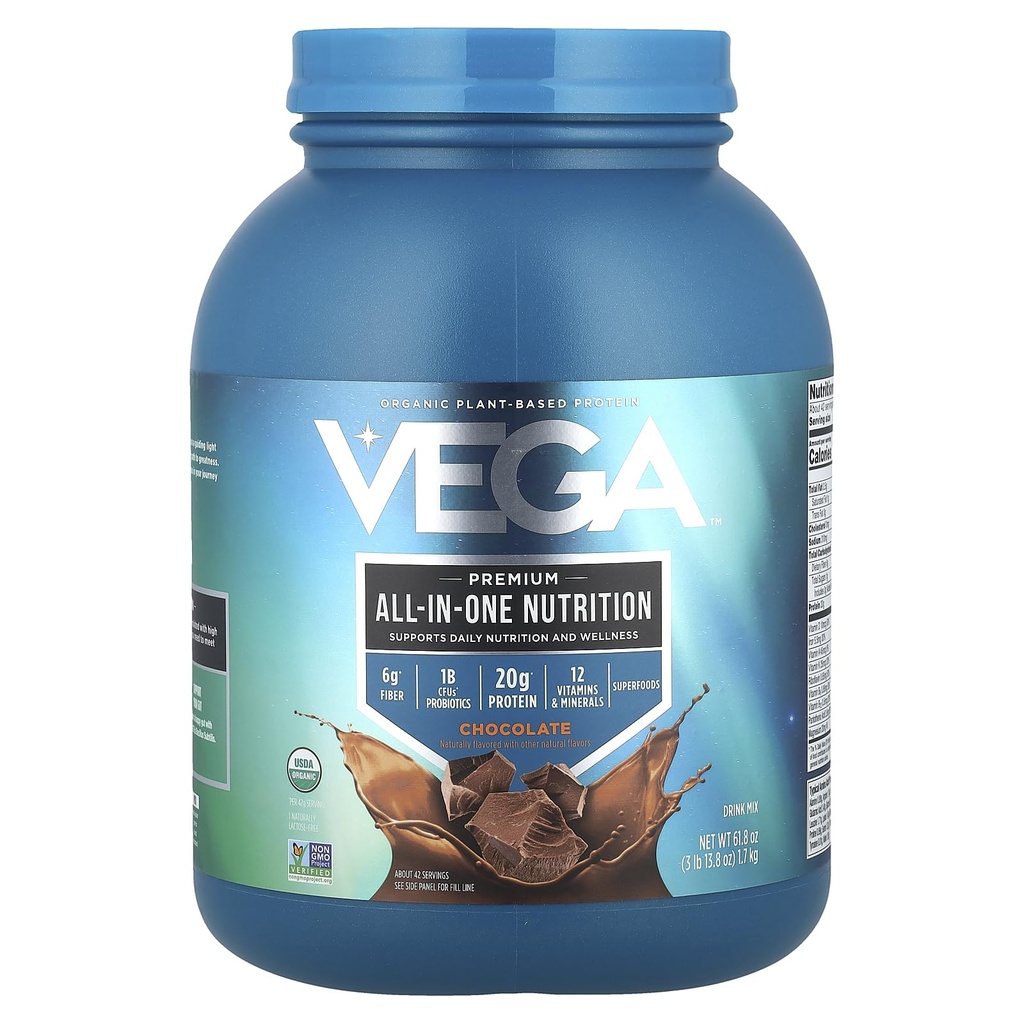 Vega Allt i ett näringsorgan - 20g Plant-Based Pea Protein, Chocolate, 42 portioner, vitamin A & C, Probiotika, gröna, Vegan, Keto, Gluten Free, 61.8oz (Packaging May Vary)
