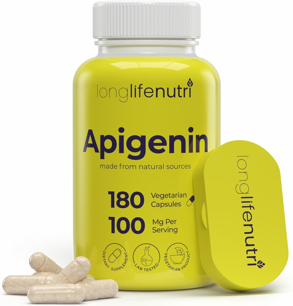LongLifeNutri Apigenin 100mg - Natural Bioflavonoid från Chamomile Extract, 180 vegetariska kapslar, Supplement for Sleep, Mood, & Relaxation, 6-månaders Supply, GMP Certified, Made in USA