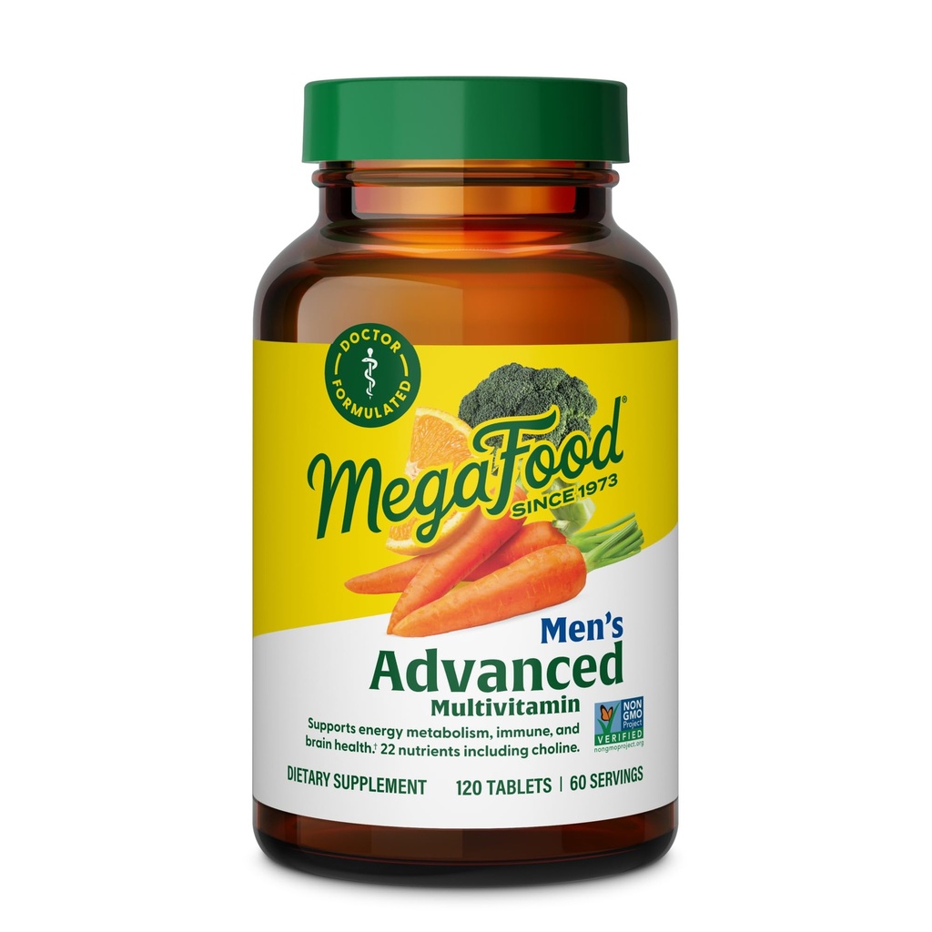 MegaFood Men's Advanced Multivitamiini miesten - Doctor - Formulated - Koliini, B12-vitamiini, D-vitamiini, C-vitamiini & sinkki - aivojen terveys & immuuni tuki - ei-GMO - Kasvisruoka - 120 Tabs (60 Servings)