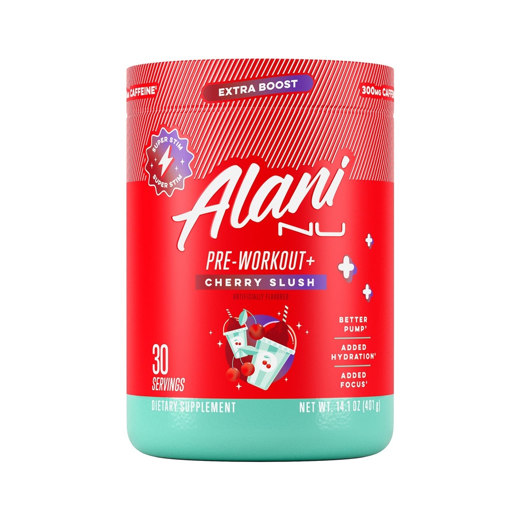 Alani Nu Pre Workout+ Powder Cherry Slush, Extra Boost, Sokeriton, 300 mg kofeiini, L-Theanine, Beta-Alanine, Sitruliini, 30 tarjoilua
