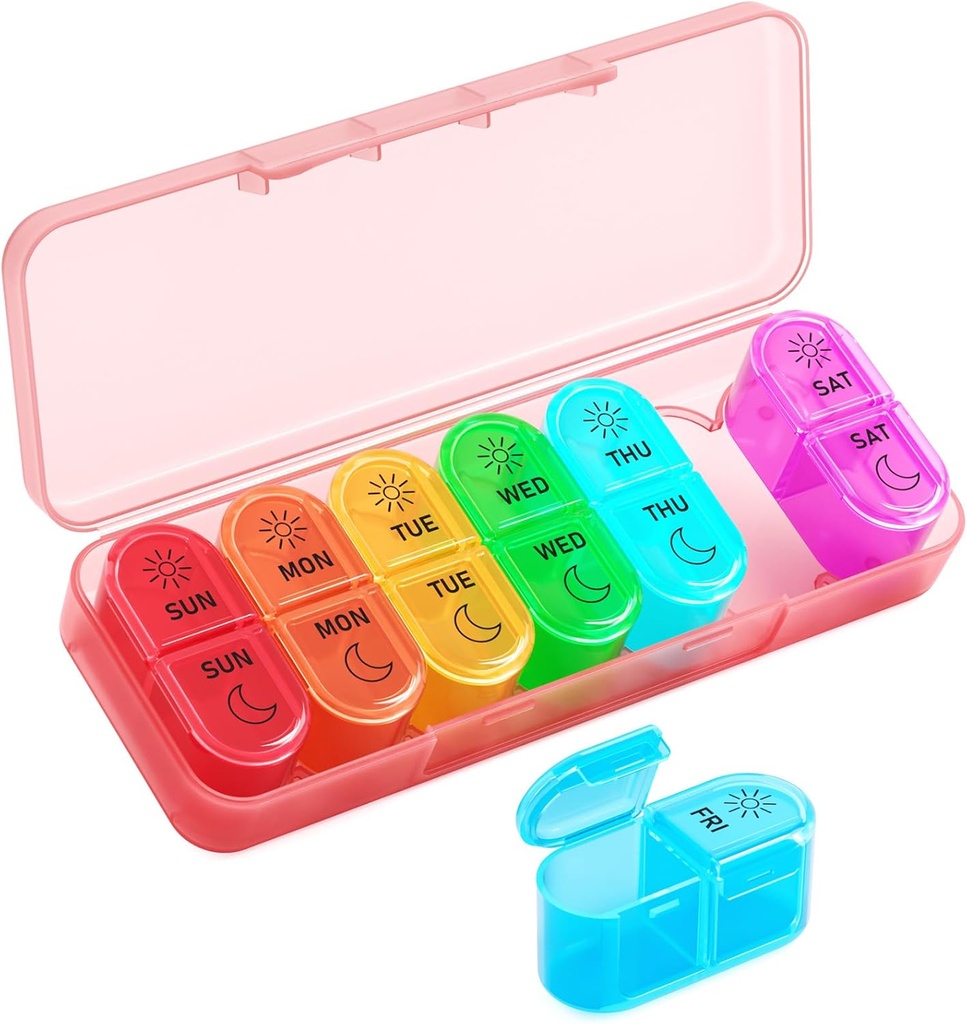 Betife Weekly Pill Organizer 2 gånger om dagen, 7 Day Pill Box AM PM, Portable Travel Pill Case, Daily Pill Container Day och Night, Medicine Organizer för medicinering, vitamin eller tillägg (rosa)