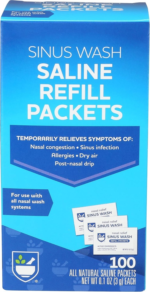 Rite Aid Sinus Wash Refill Kit, henkilökohtaisesti kääritty salin Packets - 100 Count Nasal/Allergia Relief Saline Solution for Neti Pots Nasal Raines