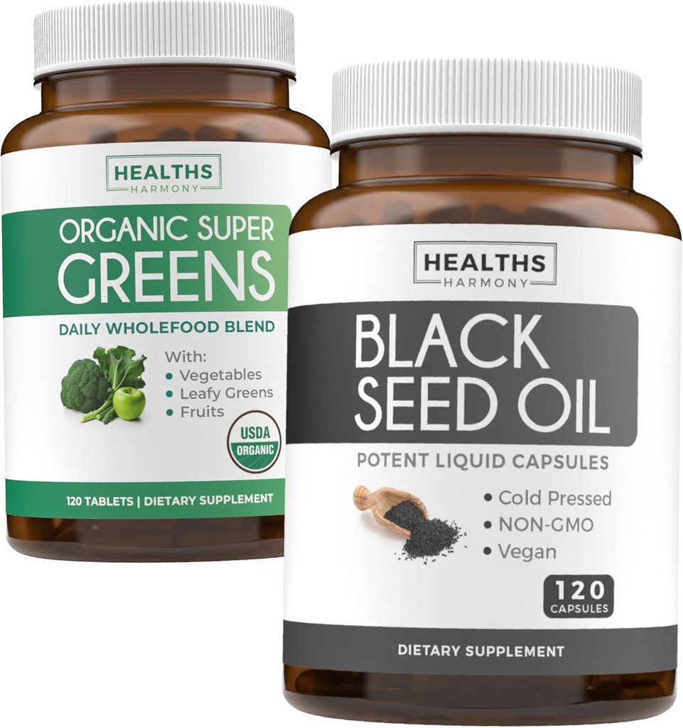 Super Greens & Black Seed (2-månaders leverans) Greens Oil Synergy Bundle of Organic Super Greens Powder - Fullständig Superfood (120 kapslar) & Black Seed Oil - Cold-Pressed Nigeilla Sativa (120 Caps)