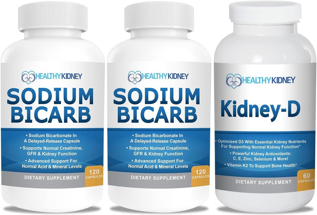 Natriumbikarbonaatti 650 mg kapselit Acid Relief, Alkalinity 120 pillereitä 2-Pack + munuais-D munuaislisä. D-vitamiini optimoitu munuaistukea varten.