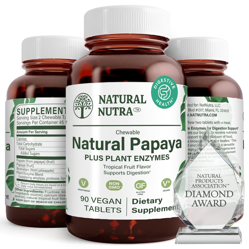 Natural Nutra Papaya Chewable Enzymes for Digestion and Body Cleanse - Stöder Digestive Health, Ease Gastrointestinal Discomfort - Nutrient Absorption och minskar Bloating - 90 Vegan tabletter